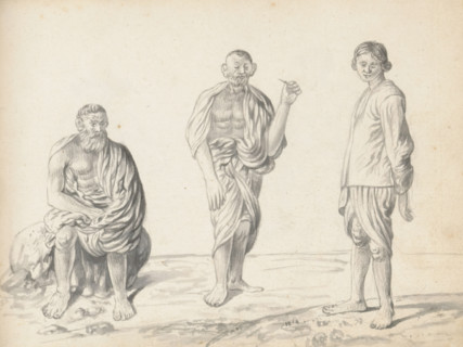 Three laborers, sketchbook page, Outside along the road are three men, as if they are posing for