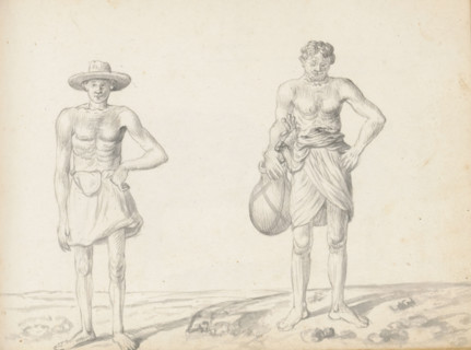 Labourer and a toddy tapper, sketchbook page, Two men are standing outside along a road on uneven