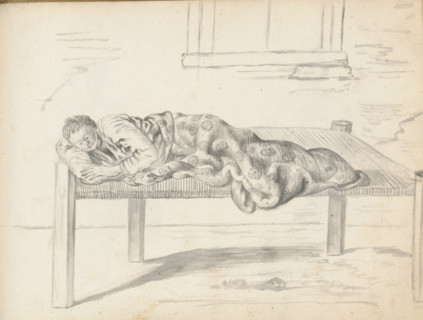 Eurasian woman sleeping on a couch, sketchbook page, A Eurasian woman is sleeping on a wide wooden