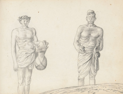 Toddy tapper and Sinhalese soldier, sketchbook page, Two men are standing outside on a slope. The