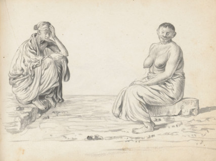 Two sitting women, sketchbook page, Two women are sitting outside on the street or near their homes
