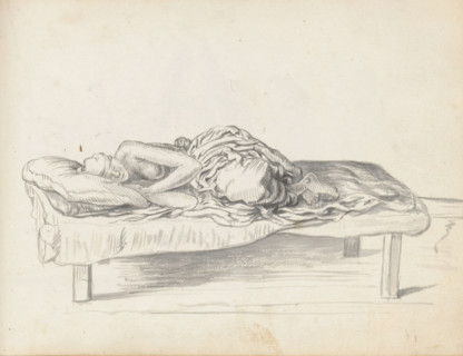 Man sleeping on a couch, sketchbook page, A man is sleeping on a wooden couch (enda) inside the