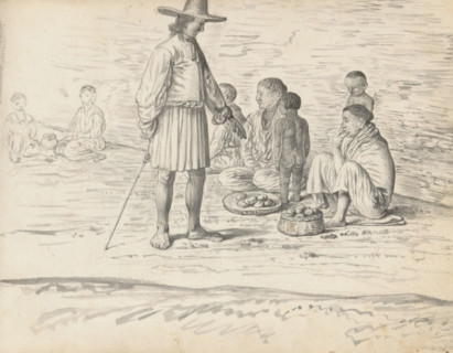 European man buys fruit at a market, sketchbook page, Outside on the street, a group of five