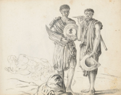 Three laborers, sketchbook page, Three men are depicted outdoors in uneven terrain. The man on the