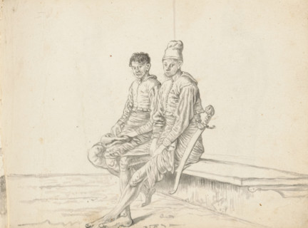 Two Sinhalese soldiers, sketchbook page, Outside by a wall – or inside in a corner of a building –