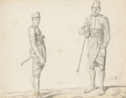 Two Sinhalese soldiers, sketchbook page, Two men are standing outside on uneven terrain. The man on