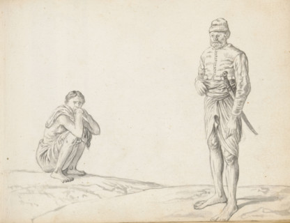 Sinhalese soldier and a squatting labourer, sketchbook page, Two men are depicted outdoors on a