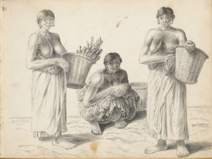 Three women laborers, sketchbook page, Three young Sinhalese women of low caste, outside along the