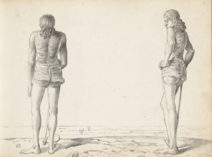 Two Sinhalese tillers, sketchbook page, Two men are standing outside at the edge of an open field.