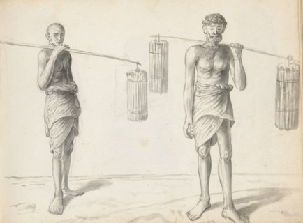 Two Sinhalese men with bales of cinnamon, sketchbook page, Outside, two men are standing by the