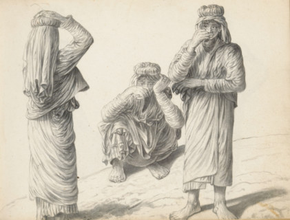 Three Sinhalese women, sketchbook page, Three Sinhalese women of low caste, outside along the road.