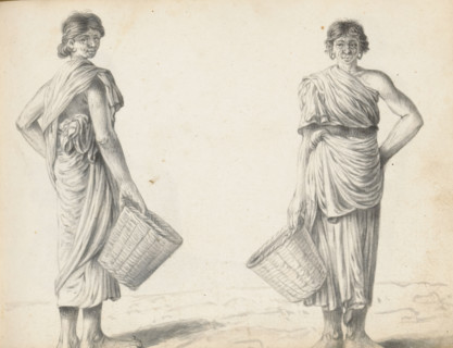 Two women, sketchbook page, Two possibly low-caste Tamil women from Jaffna stand outside side by