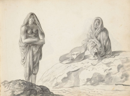 Two laborers, sketchbook page, Two men outdoors in uneven terrain. The standing man on the left has