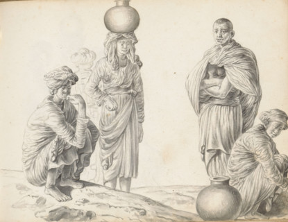 Four women and a man, sketchbook page, Outside on uneven ground, a group of people is drawn. On the