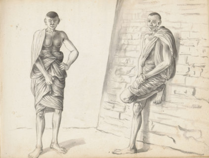 Two laborers, sketchbook page, Outside, by a sloping cliff stone wall, perhaps the corner of a