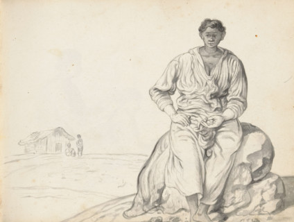 Woman sitting on a boulder, sketchbook page, A Eurasian woman is sitting on a boulder. She is