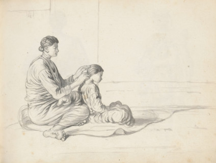 Woman combing a young girl's hair, sketchbook page, In an interior space, of which a corner of two
