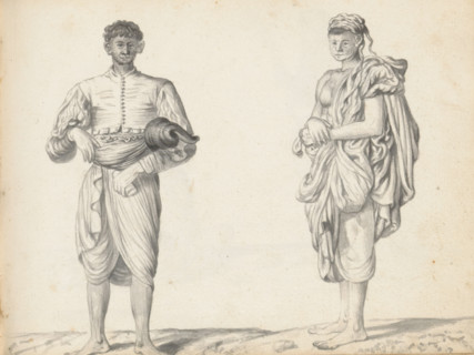Sinhalese soldier and a labourer, sketchbook page, Outside, two men are standing on uneven ground.