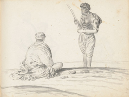 Two labourers, sketchbook page, On the left, on the ground in uneven terrain, sits a man in a