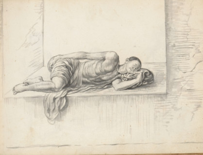 Man sleeping on a window-sill, sketchbook page, A man is sleeping on a wide window-sill (or niche