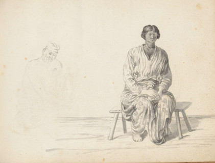 Woman sitting on a bench and sketch of a sitting man, sketchbook page, Inside, a woman is sitting