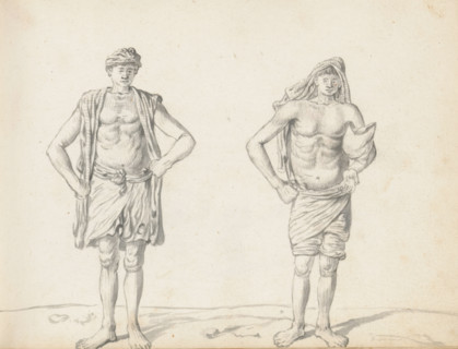 Two labourers, sketchbook page, Two men are standing on uneven terrain outdoors. The man on the