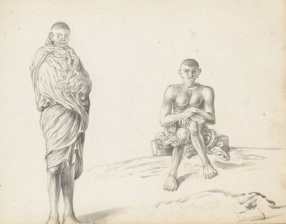 Two laborers outside, one standing and one sitting, sketchbook page, Two men are drawn outside on