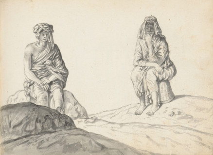 Man and woman, both laborers, sketchbook page, In hilly terrain, a man is seated on a rock on the