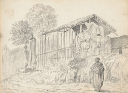 View of an open shed and entrance of a yard, sketchbook page, In the foreground runs a road curving