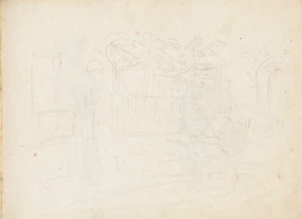 Unfinished sketch of buildings and trees, sketchbook page, An unfinished sketch of a road with