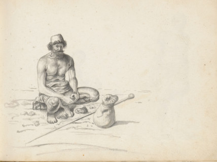 Sinhalese man with knapsack, sketchbook page, A Sinhalese man is squatting on a stone block,