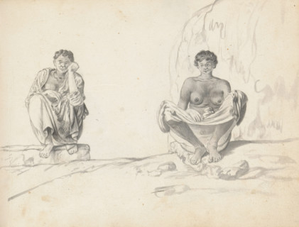 Two sitting labourers, sketchbook page, Two men are sitting outside on a sloping, uneven ground.