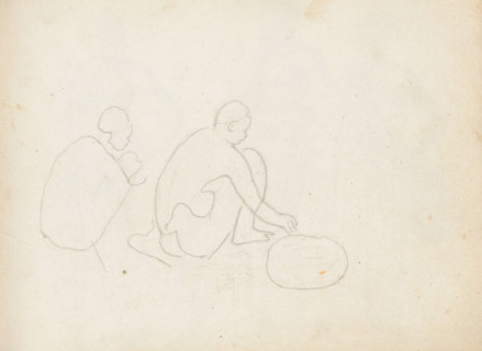 Two squatting figures, sketchbook page, The barely visible outlines of a vague sketch of two