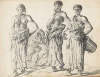 Two laborers and two women laborers, sketchbook page, Outside, four figures are drawn. African