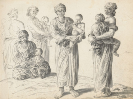 Five wet nurses, each with an infant, sketchbook page, A group of five women outdoors – one woman