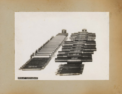 Exhibition of machine parts, album page, photograph, Album page with a photo of an exhibition of