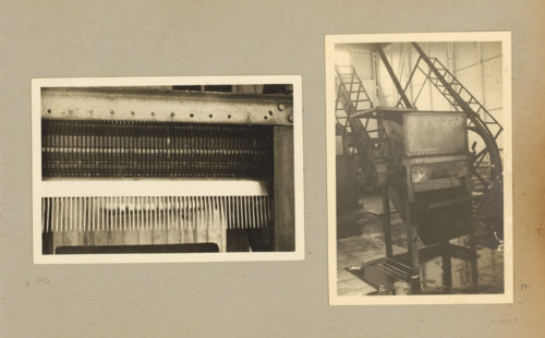 Machine, album page, photograph, Album page with two photos of a machine. Part of a photo album