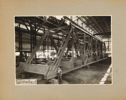 Truss bridge, album page, photograph, Album page with a photo of a factory hall with a truss