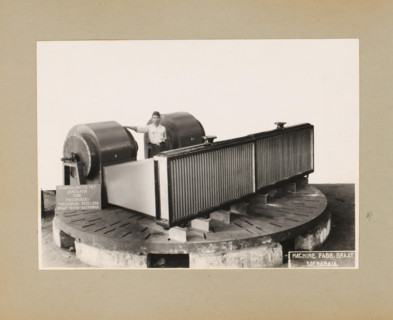 Steam engine with fan, album page, photograph, Album page with a photo of a steam engine with a