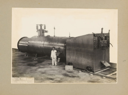 Locomobile boiler, album page, photograph, Album page with a photo of a locomobile boiler with