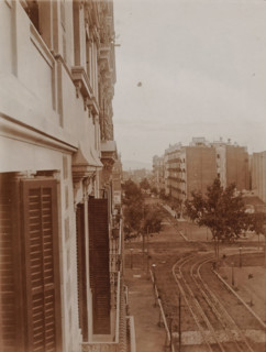 View from a balcony onto a street in an unknown city, 1905-1922, photograph, View from a balcony