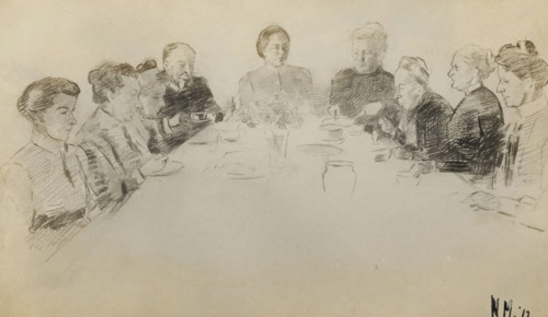 Photo reproduction of a drawing of a dinner, photograph, reproduction, annotation: 'T annie, ...,