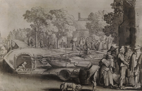 Photo reproduction of a drawing of a street scene in Haarlem by Esaias van de Velde, photograph,