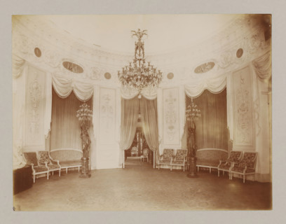 Interior with chandelier and candlesticks, album page, photograph, This album page is part of a