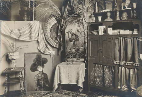 Interior with a cupboard, sculptures and a painting, album page, photograph, This photo is part of