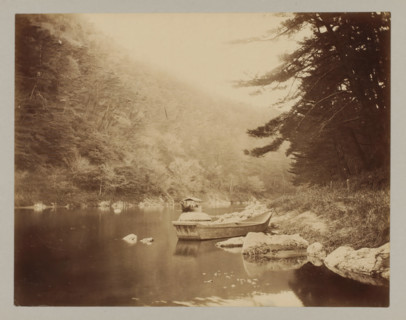 River of Hozu, Kyoto, photograph, A boat is moored on the right, a boat with a roof is sailing in