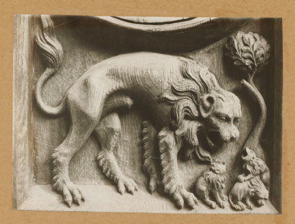 Detail of the choir stalls in Bamberg Cathedral, Chorgestühl i. Peterschor, Löwe, album page,