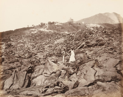 Lava of Vesuvius (Naples), Man and woman on the hardened lava after an eruption of Mount Vesuvius,