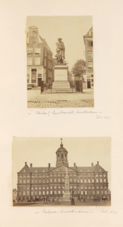 Views of Amsterdam, album page, photograph, View of the Botermarkt and the Royal Palace Amsterdam.