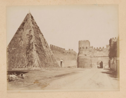 View of the Pyramid of Cestius and the Porta San Paolo in Rome, album page, photograph, This photo